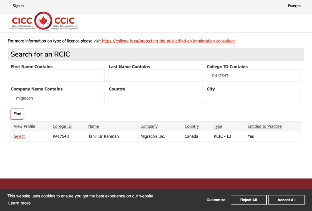 CICC Public Register search result for Migracon Inc. College ID R417543 — Tahir Ur Rahman, Entitled to Practise: Yes